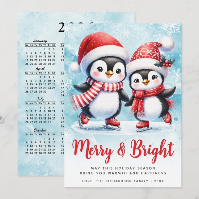 Cartes Pour Fêtes Annuelles Joyeux et lumineux pingouin bleu rouge Noël (Devant / Derrière)
