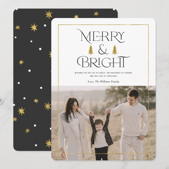 Cartes Pour Fêtes Annuelles Joyeux et lumineux, simple photo de Noël moderne (Devant / Derrière)