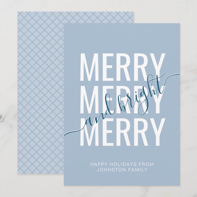 Cartes Pour Fêtes Annuelles Joyeux et lumineux vérificateur bleu clair de Noël (Devant / Derrière)