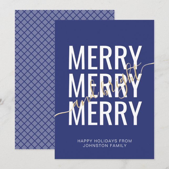Cartes Pour Fêtes Annuelles Joyeux et lumineux vérificateur bleu marine de Noë (Devant / Derrière)