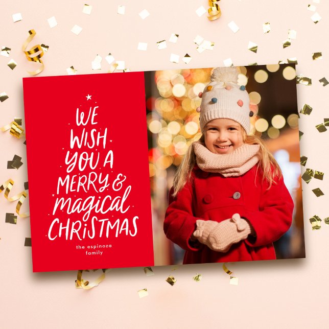 Cartes Pour Fêtes Annuelles Joyeux et magique sapin de Noël photo rouge (Créateur téléchargé)