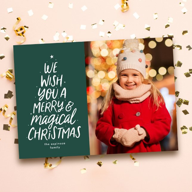 Cartes Pour Fêtes Annuelles Joyeux et magique sapin de Noël photo verte (Créateur téléchargé)