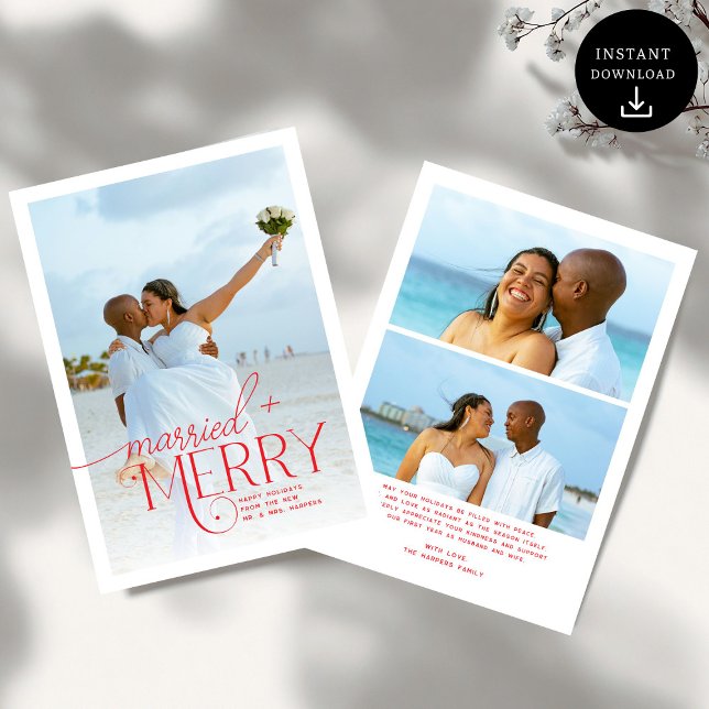 Cartes Pour Fêtes Annuelles Joyeux et marié Script Photo Noël Nouveaux mariés (Créateur téléchargé)