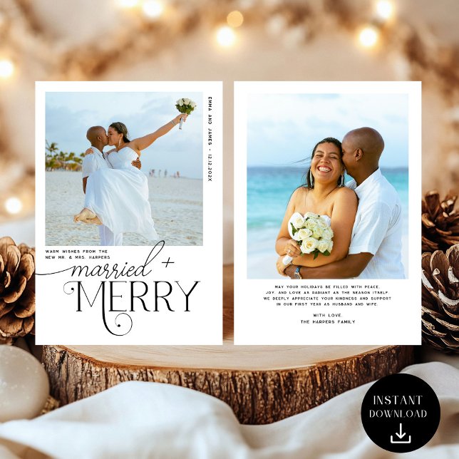 Cartes Pour Fêtes Annuelles Joyeux et marié Script Photo Noël Nouveaux mariés (Créateur téléchargé)