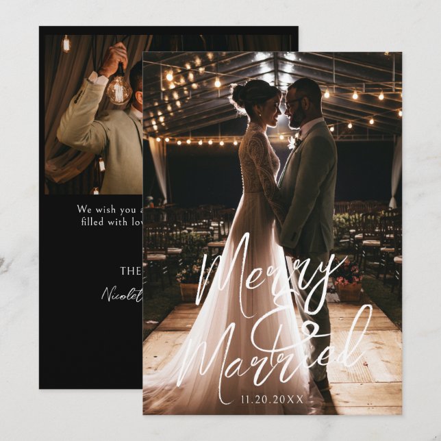 Cartes Pour Fêtes Annuelles Joyeux et Mariés Calligraphie Manuscrite Photo (Devant / Derrière)