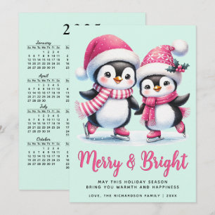 Cartes Pour Fêtes Annuelles Joyeux et pingouin rose et menthe