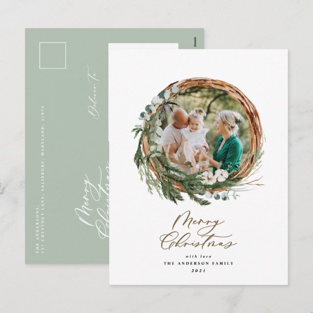 Cartes Pour Fêtes Annuelles Joyeux feuillage moderne wreath script holi (Devant / Derrière)