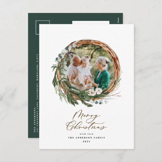 Cartes Pour Fêtes Annuelles Joyeux feuillage moderne wreath script holi (Devant / Derrière)