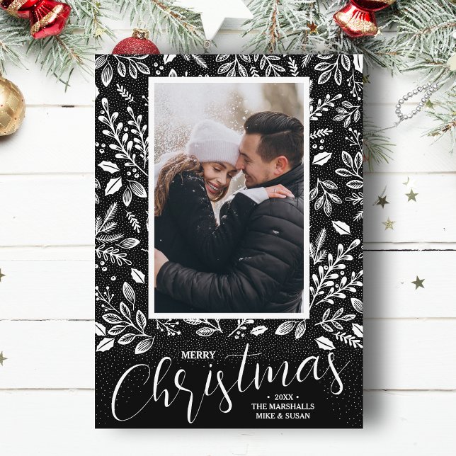 Cartes Pour Fêtes Annuelles Joyeux Feuilles de Noël sur Black Photo (White botanicals on black Merry Christmas photo holiday cards, PRINTED and/or INSTANT DOWNLOAD)