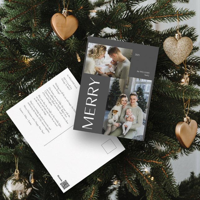 Cartes Pour Fêtes Annuelles Joyeux gris moderne 2 photo Noël (Spread Cheer! Customize Your 'MERRY' Photo Holiday Card 📷🎄 [Upload Here])