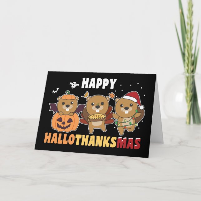 Cartes Pour Fêtes Annuelles Joyeux Hallothankmas Fête De Noël Castor Fêtes (Devant)