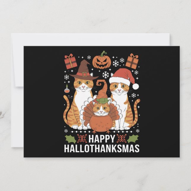Cartes Pour Fêtes Annuelles Joyeux Hallothanksmas Chats Halloween Noël (Devant)