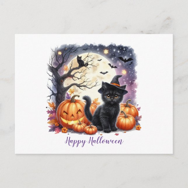 Cartes Pour Fêtes Annuelles Joyeux Halloween Petit Chat Noir  (Devant)