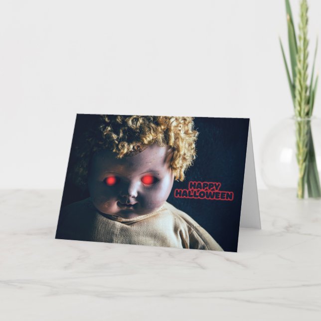 Cartes Pour Fêtes Annuelles Joyeux Halloween Poupée Effrayante Avec Des Yeux R (Devant)