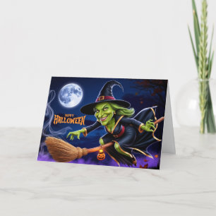 Cartes Pour Fêtes Annuelles Joyeux Halloween Sorcière effrayante sur un balai
