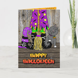 Cartes Pour Fêtes Annuelles Joyeux Halloween Whimsical Witch, Broom and Cat