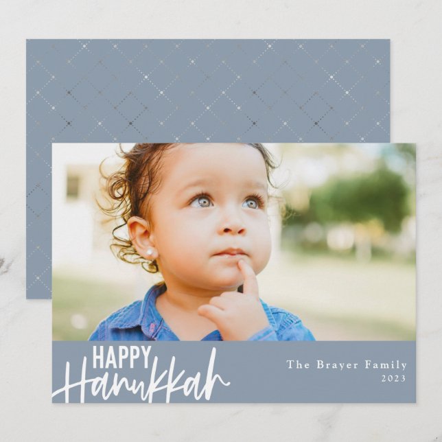 Cartes Pour Fêtes Annuelles Joyeux Hanoukka Modern Photo Dusty Blue (Devant / Derrière)