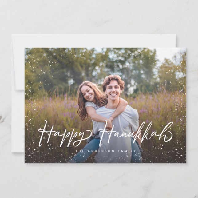 Cartes Pour Fêtes Annuelles Joyeux Hanoukka Script Photo Neige (Devant)