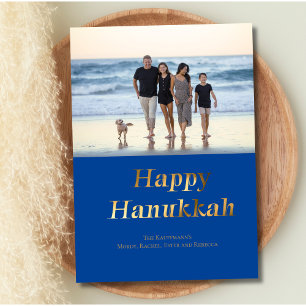 Cartes Pour Fêtes Annuelles Joyeux Hanukkah Bleu Or Feuille Photo