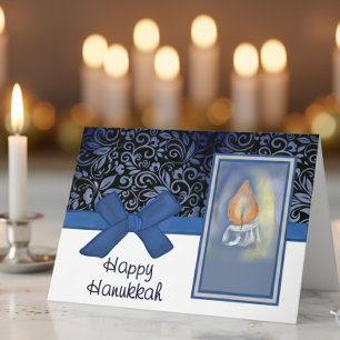Cartes Pour Fêtes Annuelles Joyeux Hanukkah Élégant motif de parchemin bleu Bo