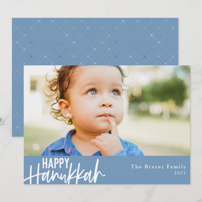 Cartes Pour Fêtes Annuelles Joyeux Hanukkah Photo Moderne Bleu Clair (Devant / Derrière)