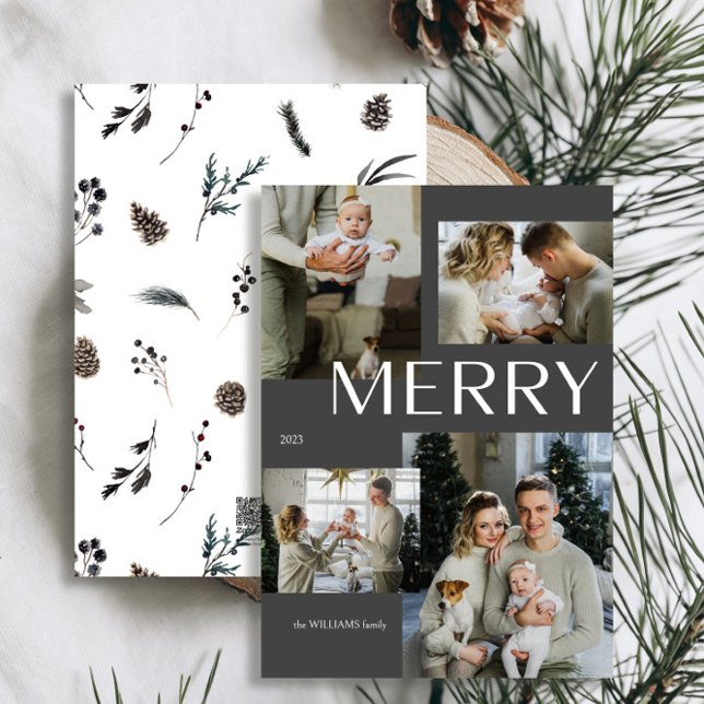 Cartes Pour Fêtes Annuelles Joyeux hiver moderne 4 photo Aquarelle noire Noël (Personalize this Holiday Card easily with your name and photo!)