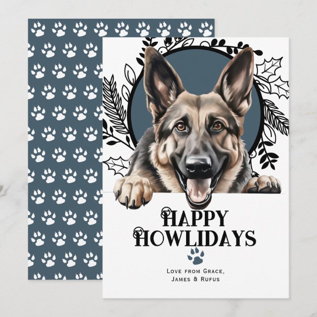 Cartes Pour Fêtes Annuelles Joyeux Howlidays Allemand Berger Chien Noël (Devant / Derrière)