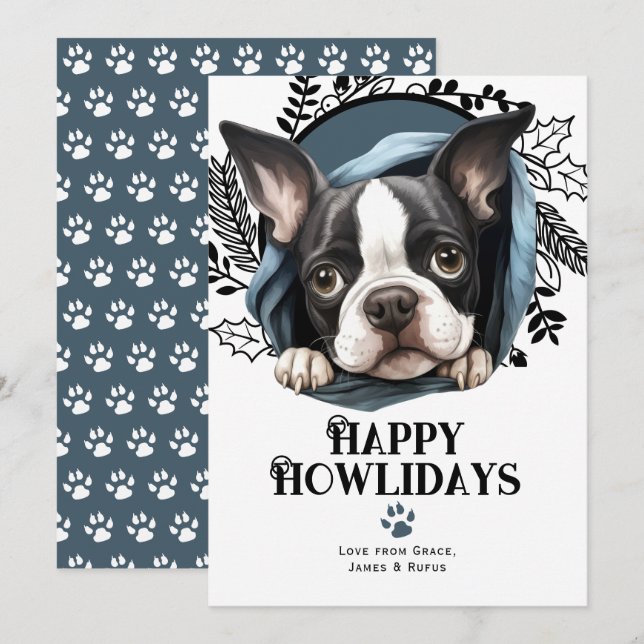 Cartes Pour Fêtes Annuelles Joyeux Howlidays Boston Terrier Dog Christmas (Devant / Derrière)