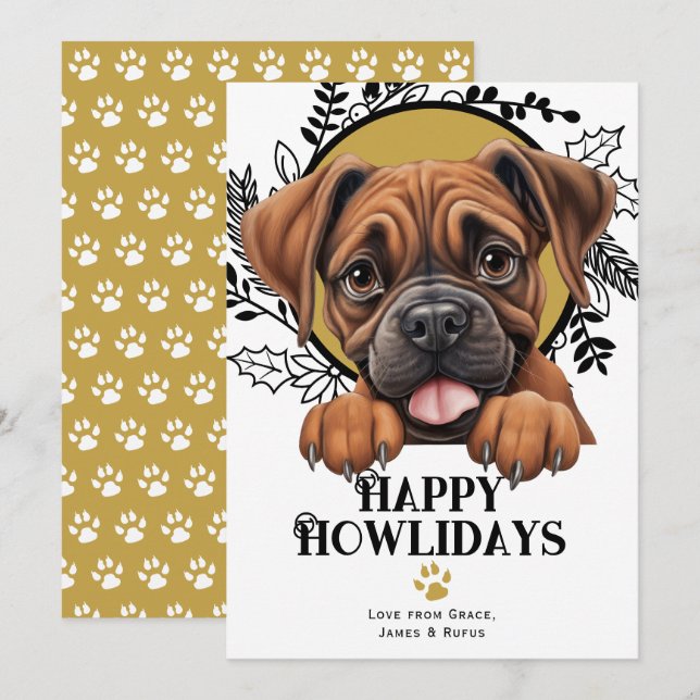 Cartes Pour Fêtes Annuelles Joyeux Howlidays Boxer Dog Christmas (Devant / Derrière)