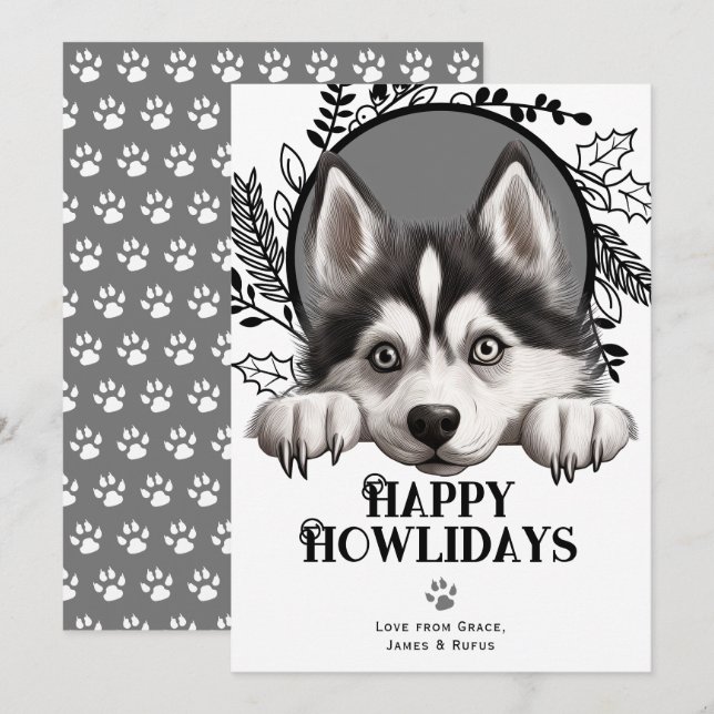 Cartes Pour Fêtes Annuelles Joyeux Howlidays Noël de Chien Husky Sibérien (Devant / Derrière)