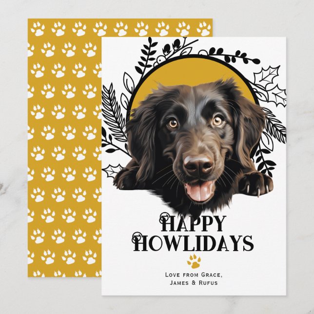 Cartes Pour Fêtes Annuelles Joyeux Howlidays Retriever à revêtement plat Noël (Devant / Derrière)