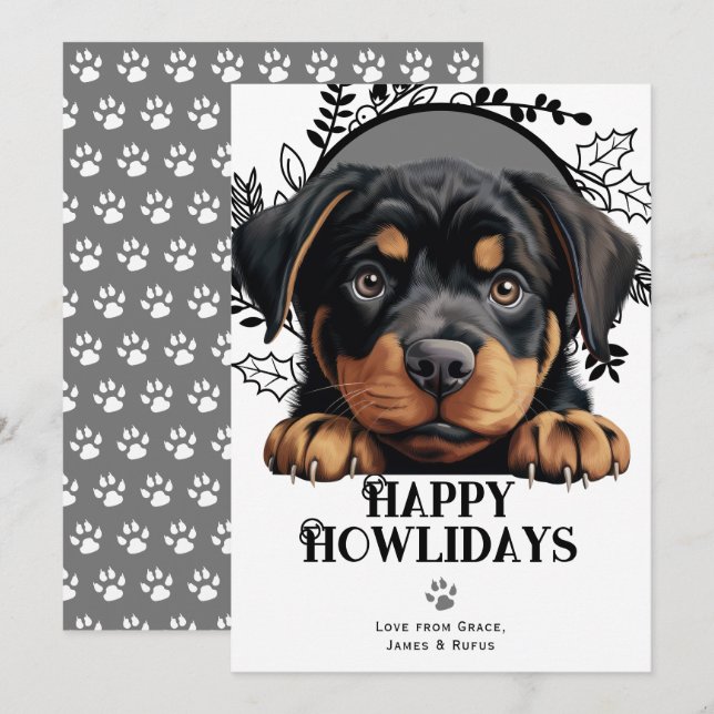 Cartes Pour Fêtes Annuelles Joyeux Howlidays Rottweiler Chien Noël (Devant / Derrière)