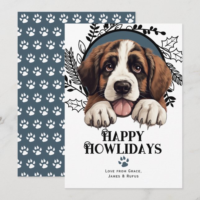 Cartes Pour Fêtes Annuelles Joyeux Howlidays Saint Bernard Dog Christmas (Devant / Derrière)