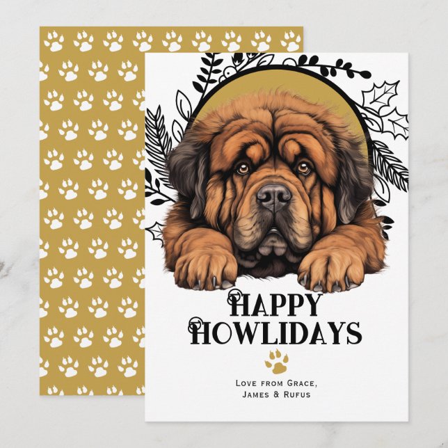 Cartes Pour Fêtes Annuelles Joyeux Howlidays Tibétain Mastiff Chien Noël (Devant / Derrière)
