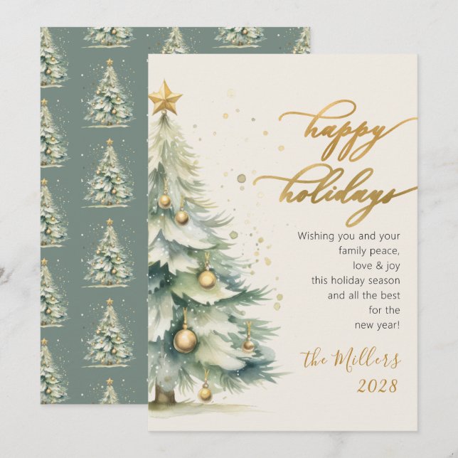 Cartes Pour Fêtes Annuelles Joyeux Jours d'or Script Arbre de Noël (Devant / Derrière)