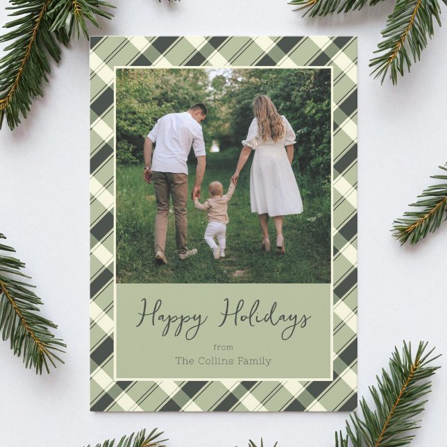 Cartes Pour Fêtes Annuelles Joyeux Jours Fériés, Joyeux Script Paid Vert Moder (Modern Green Plaid Script Photo Happy Holidays Holiday Card)