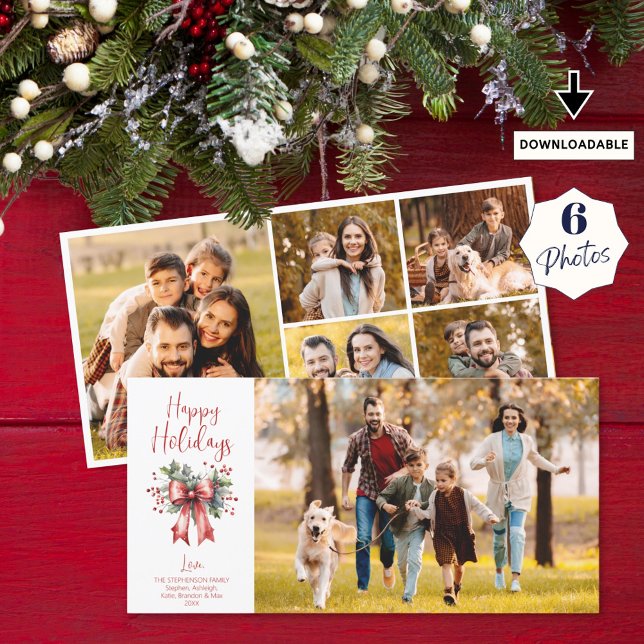 Cartes Pour Fêtes Annuelles Joyeux Joyeux Jours 6 Photos Bow Rouge Script (Créateur téléchargé)