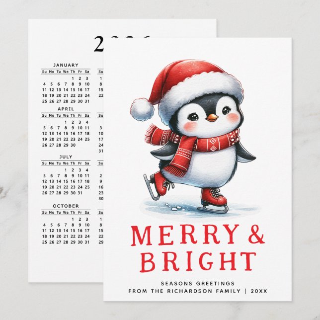 Cartes Pour Fêtes Annuelles Joyeux Joyeux Patinage sur glace Pingouin Noël (Devant / Derrière)