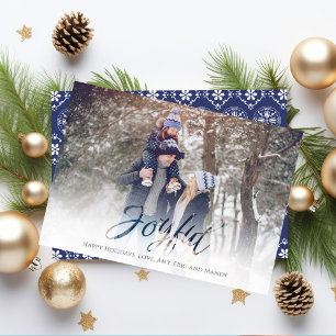 Cartes Pour Fêtes Annuelles Joyeux Joyeux Script Bleu Blanc Flocon de neige 1 
