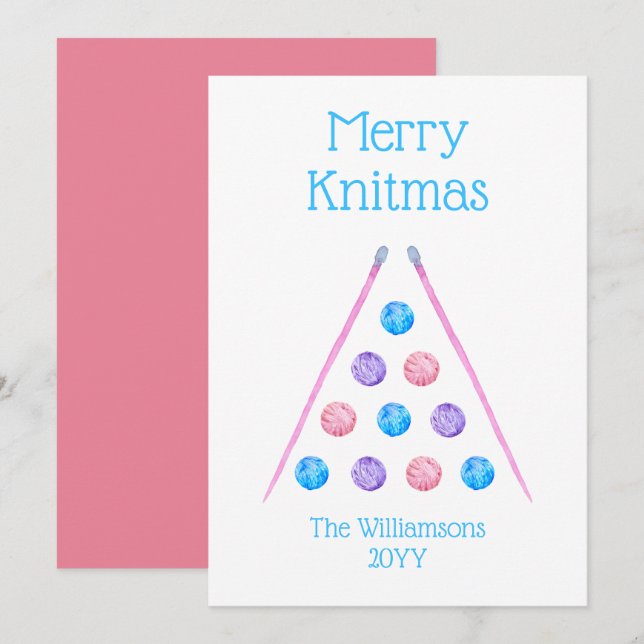 Cartes Pour Fêtes Annuelles Joyeux Knitmas rose Retro Aquarelle Fil (Devant / Derrière)