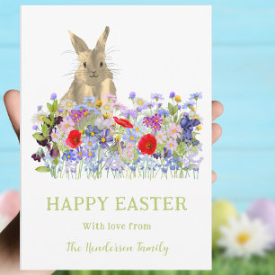 Cartes Pour Fêtes Annuelles Joyeux lapin de Pâques et aquarelle Fleur sauvage