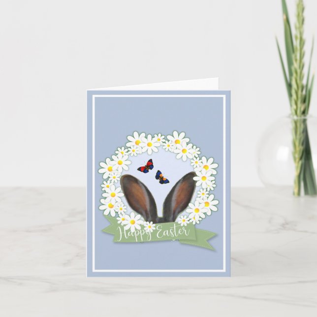Cartes Pour Fêtes Annuelles Joyeux Lapin de Pâques Oreilles Marguerites Wreath (Devant)