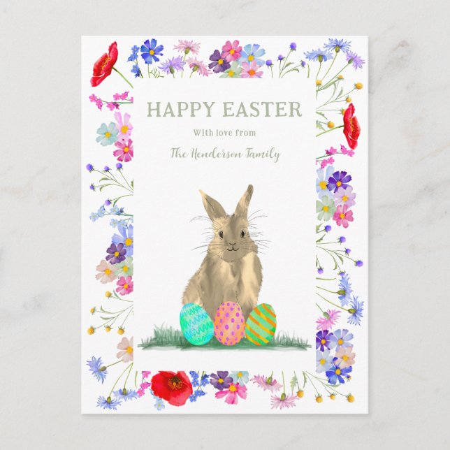 Cartes Pour Fêtes Annuelles Joyeux lapin mignon de Pâques et oeufs Floral (Devant)