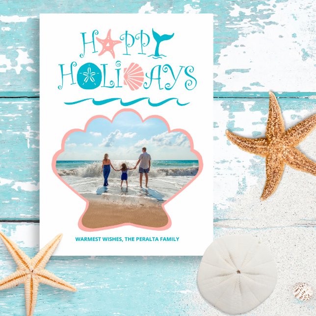 Cartes Pour Fêtes Annuelles Joyeux littoral | Beach Seashell Photo de Noël (Créateur téléchargé)