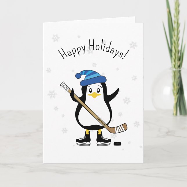 Cartes Pour Fêtes Annuelles Joyeux manchot de hockey de vacances (Devant)