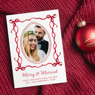 Cartes Pour Fêtes Annuelles Joyeux Mariage Arc Rouge Jeunes Mariés Photo de No