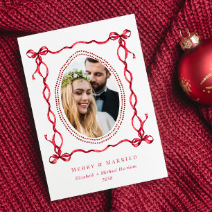 Cartes Pour Fêtes Annuelles Joyeux Mariage Arc Rouge Nouveaux Mariés Photo de