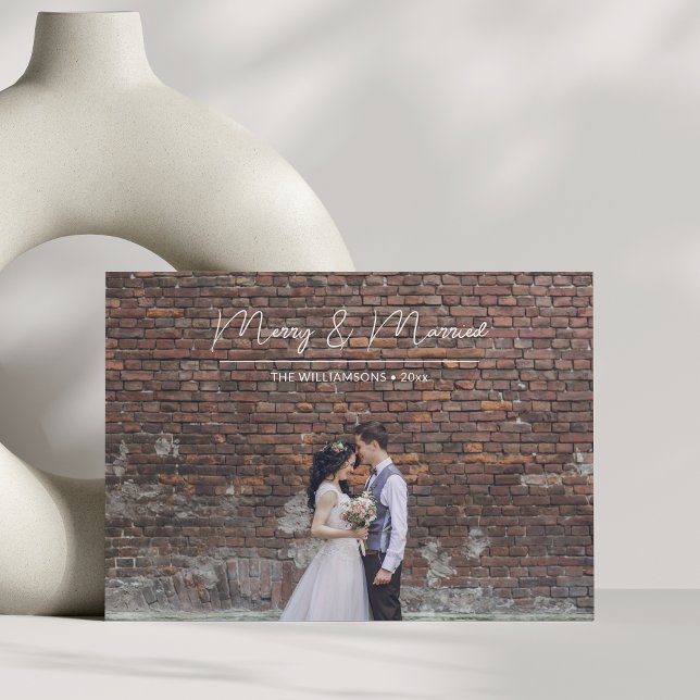 Cartes Pour Fêtes Annuelles Joyeux marié blanc Script superposition Mariage ph (Créateur téléchargé)
