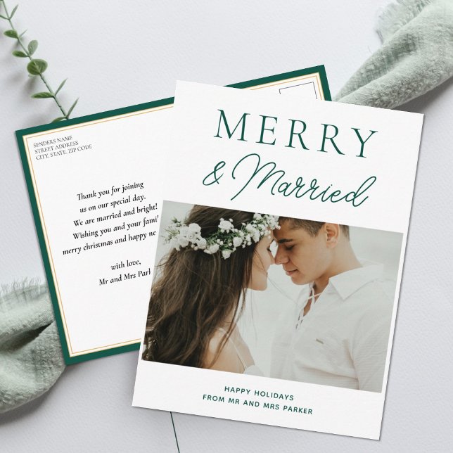 Cartes Pour Fêtes Annuelles Joyeux marié moderne vert Script photo Noël (Créateur téléchargé)