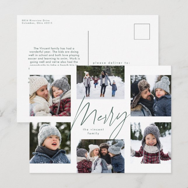 Cartes Pour Fêtes Annuelles Joyeux moderne 6 photo collage de Noël vert (Devant / Derrière)